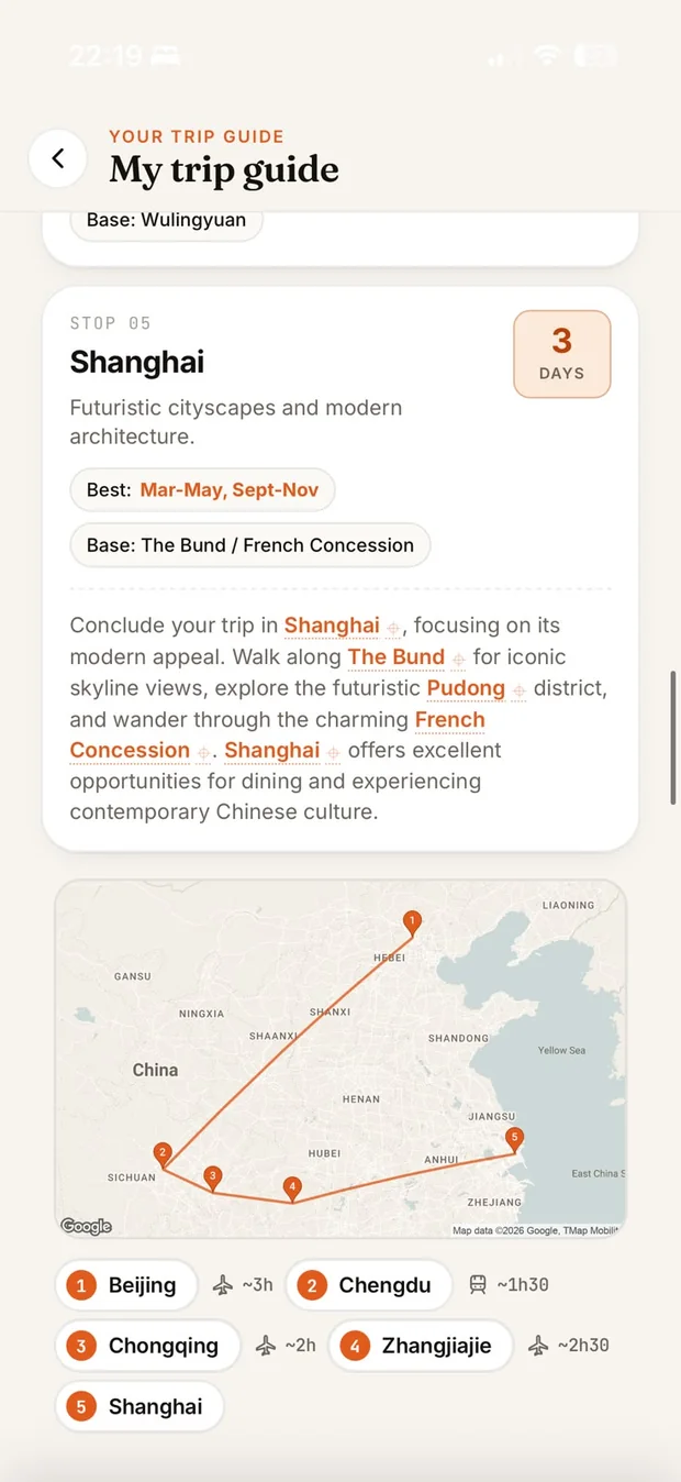 Vellora on iPhone, showing a trip guide with numbered stops across cities and the travel time drawn between them