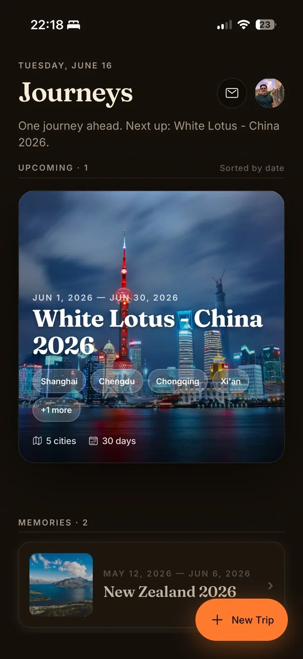 Vellora on iPhone in dark mode, showing the Journeys home with your next trip up top