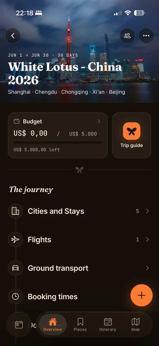 The same Vellora trip overview in dark mode