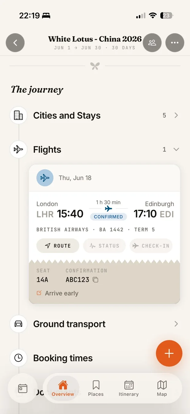 The Vellora trip overview on iPhone: cities and stays, a flight card with seat and confirmation code, ground transport and booking times