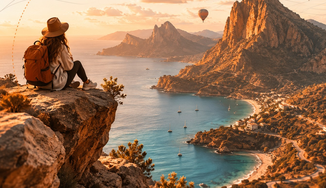A traveler on a clifftop at golden hour, overlooking a turquoise bay dotted with sailboats and a hot-air balloon
