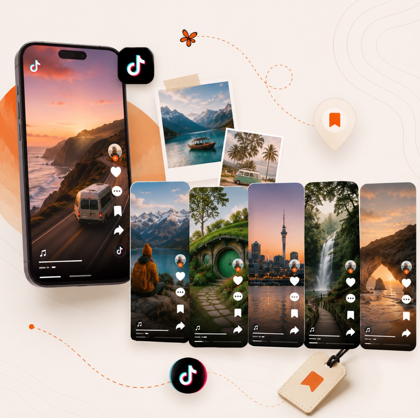 A phone playing a travel video beside saved place cards pulled from it