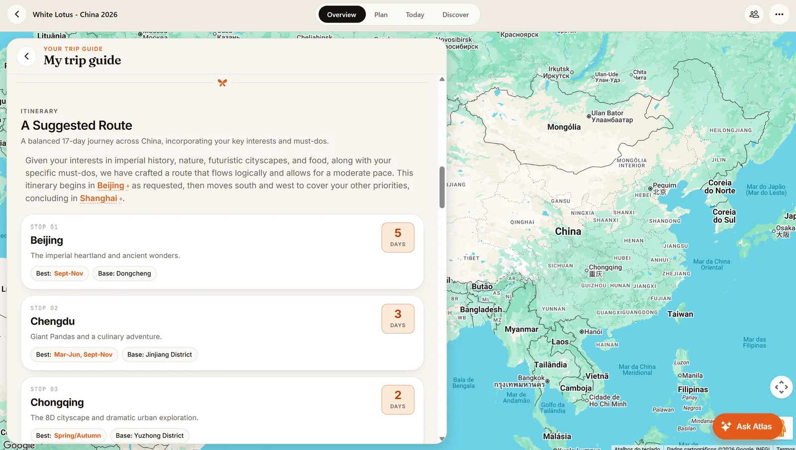 A Vellora trip guide: a suggested route through China with days per city, best seasons and base neighbourhoods, beside the trip map