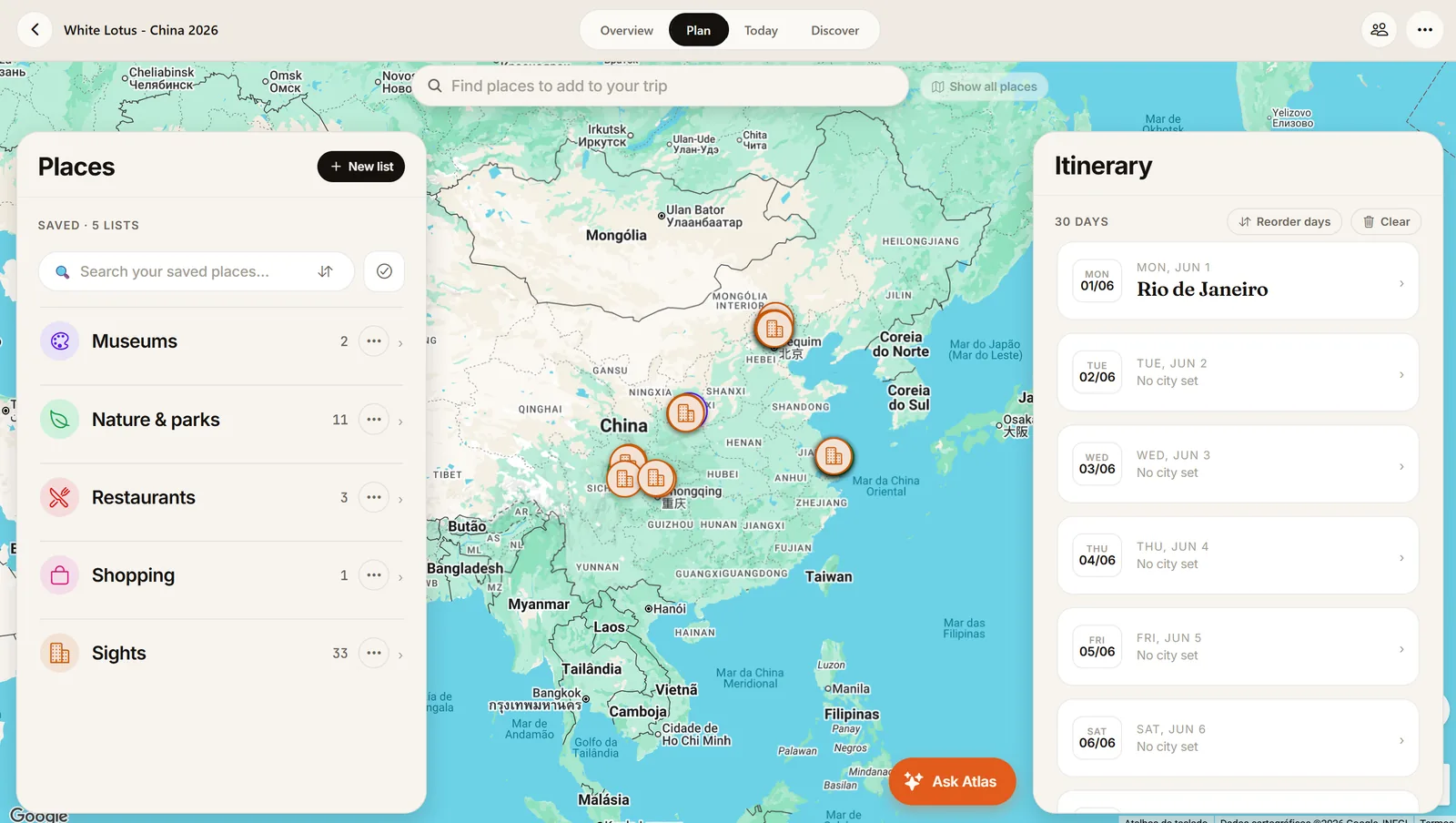 The Vellora planner with saved places grouped into colour-coded collections on the left, the whole trip pinned on a map in the centre, and the day-by-day itinerary on the right